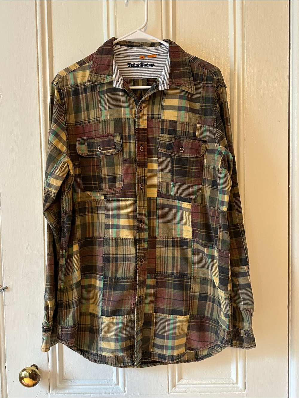 Tailor Vintage Patchwork Plaid Button-Down Shirt in Olive, Yellow, Brown